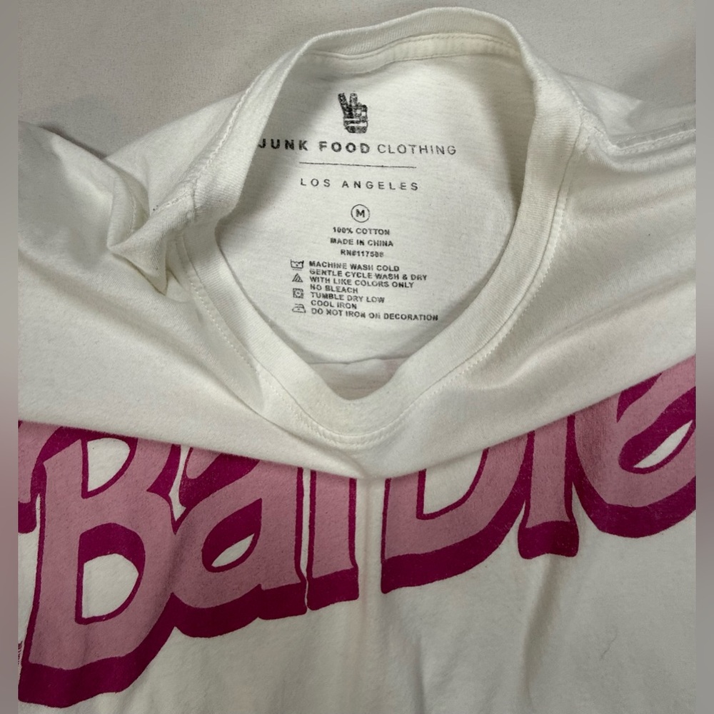 Junk Food Clothing White Tee with Pink Barbie Logo - Picture 3 of 5